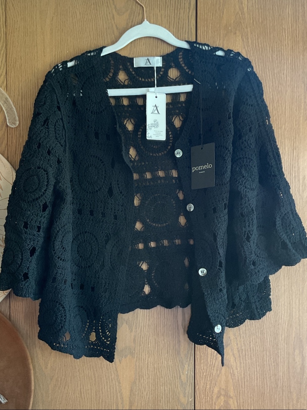 Pomelo Black Crochet Openwork Button Cardigan